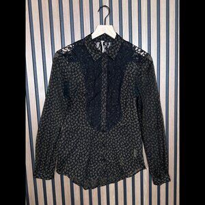 Free People Shirt XS Womens Black Long Sleeve Collared Floral Mesh Lined *READ